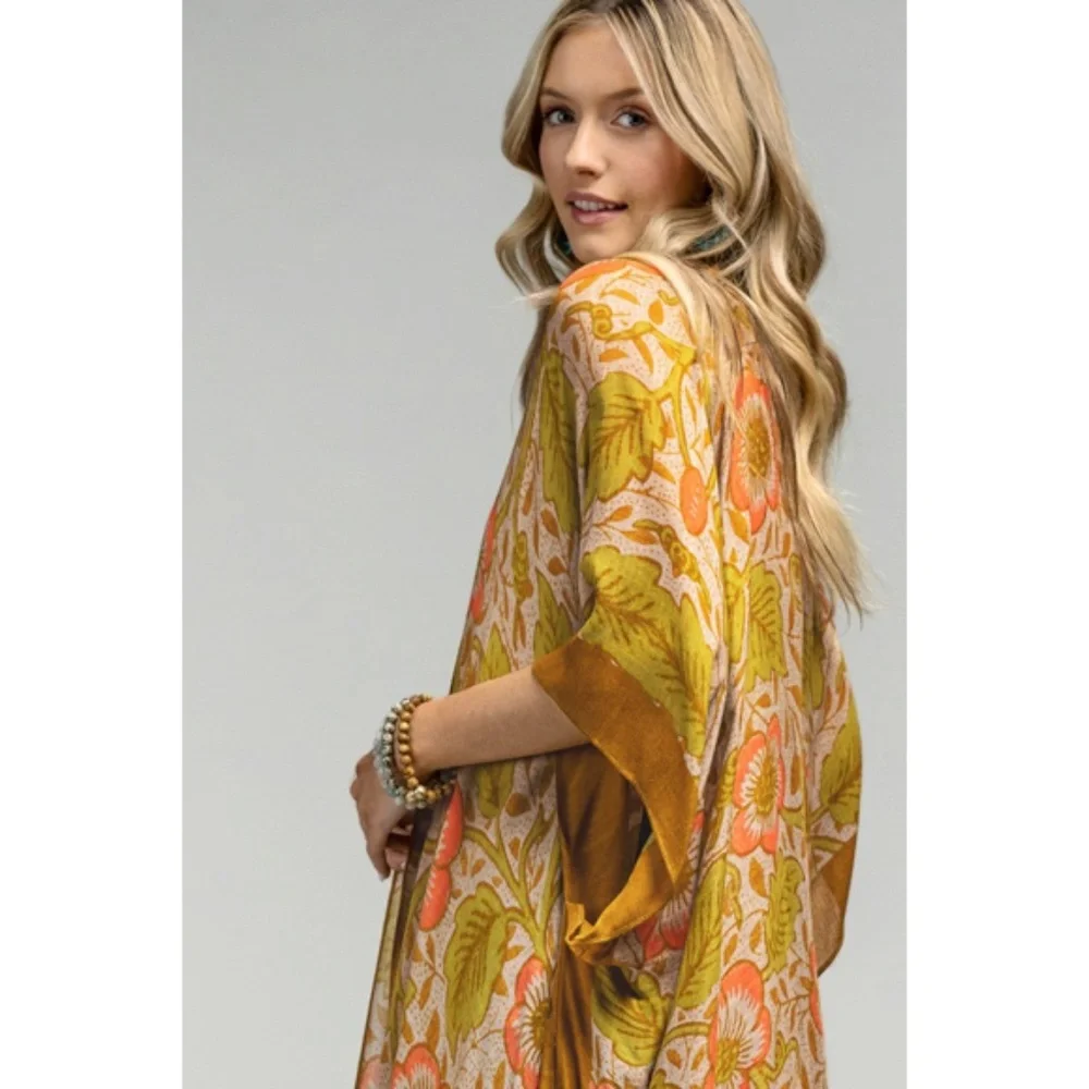 SOLD OUT Retro Vintage 70's Style Floral Leaf Print Kimono Open Wrap Coverup Top - Picture 4 of 6